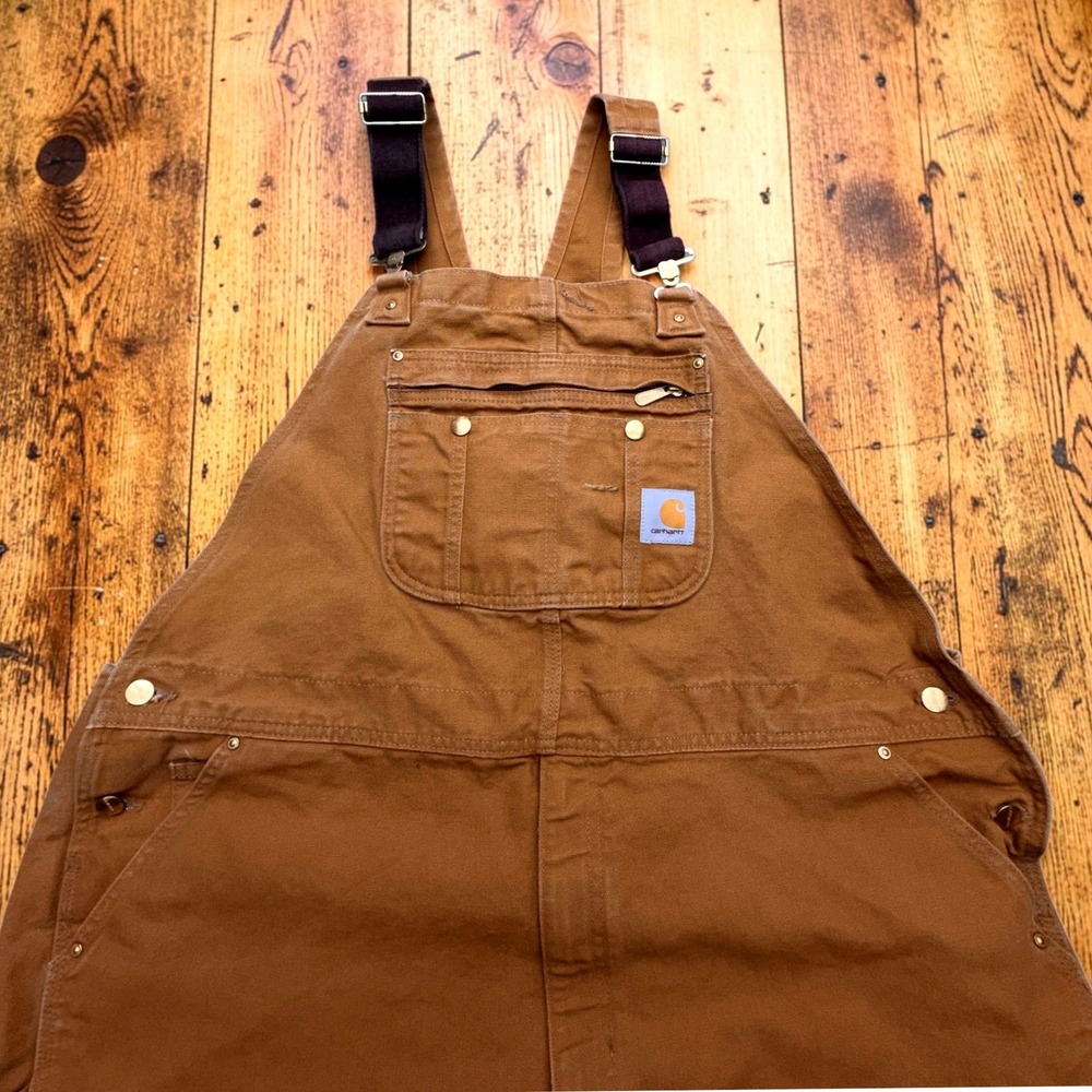 Carhartt Brown Duck Canvas Bib Overalls Mens 46x32 Double Knee Front Work Pants